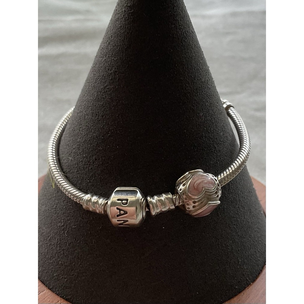Pandora ALE 925 Sterling Silver Bracelet With Pink Enamel Heart Charm